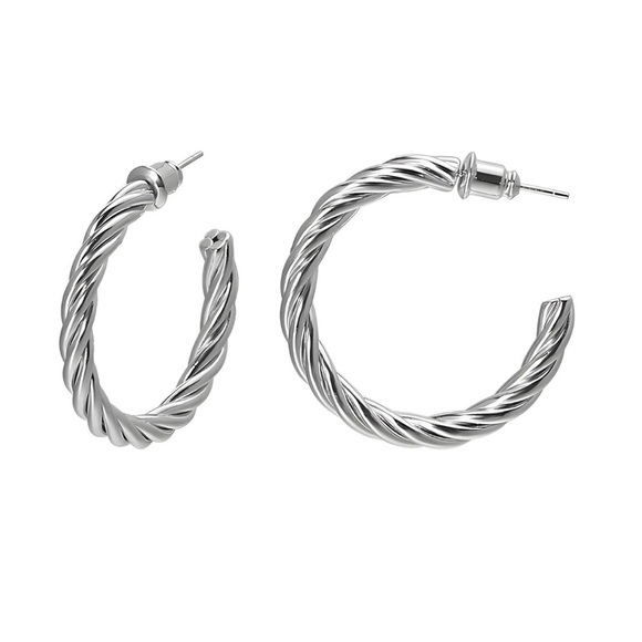 Twisted Silver Hoop Earrings STAINLESS STEEL EARRINGS - Picture 1 of 3